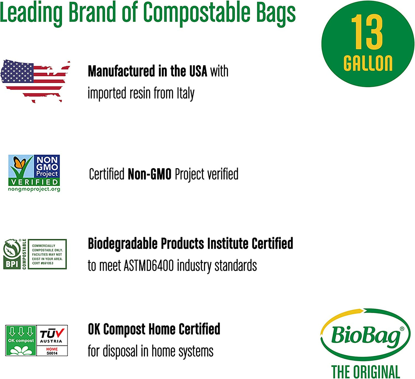 (USA), the Original Compostable Bag, 13 Gallon, 48 Total Count, 100% Certified Compostable Kitchen Food Scrap Bags, Kitchen Compost Trash Bin Compatible