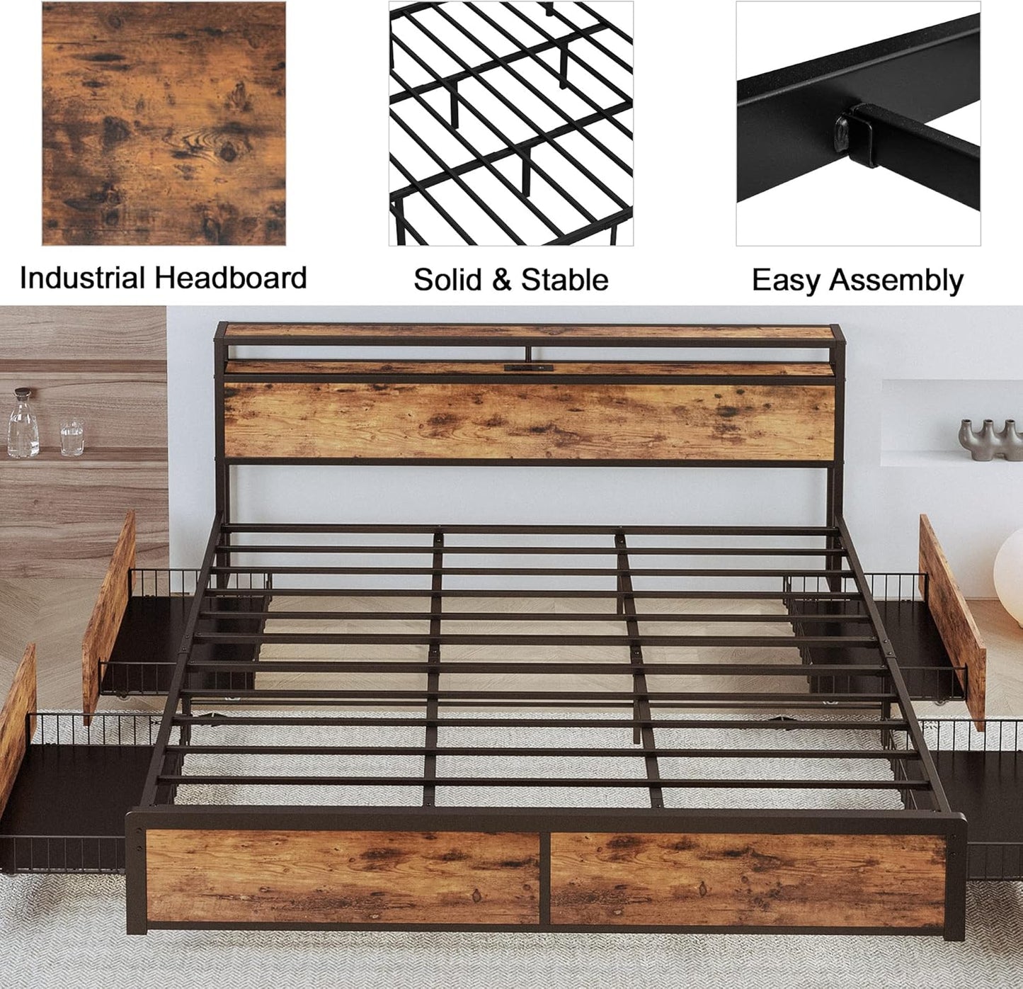 Likimio King Bed Frame With Storage Drawer, 2-Tier Storage Headboard With Charging Station, No Box Spring Needed, Easy