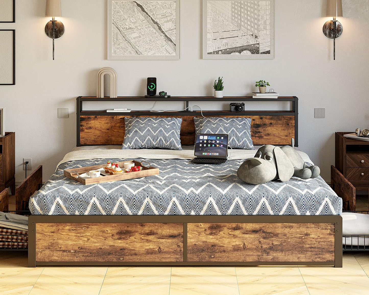 Likimio King Bed Frame With Storage Drawer, 2-Tier Storage Headboard With Charging Station, No Box Spring Needed, Easy