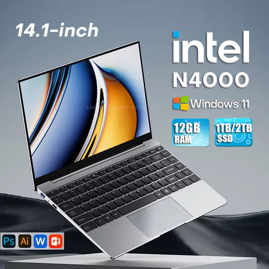2025 Laptop Computer Windows 11 Notebook 14.1 Inch Intel Celeron N4000 12GB 512GB 1920*1080 Resolution Office Study PC computer