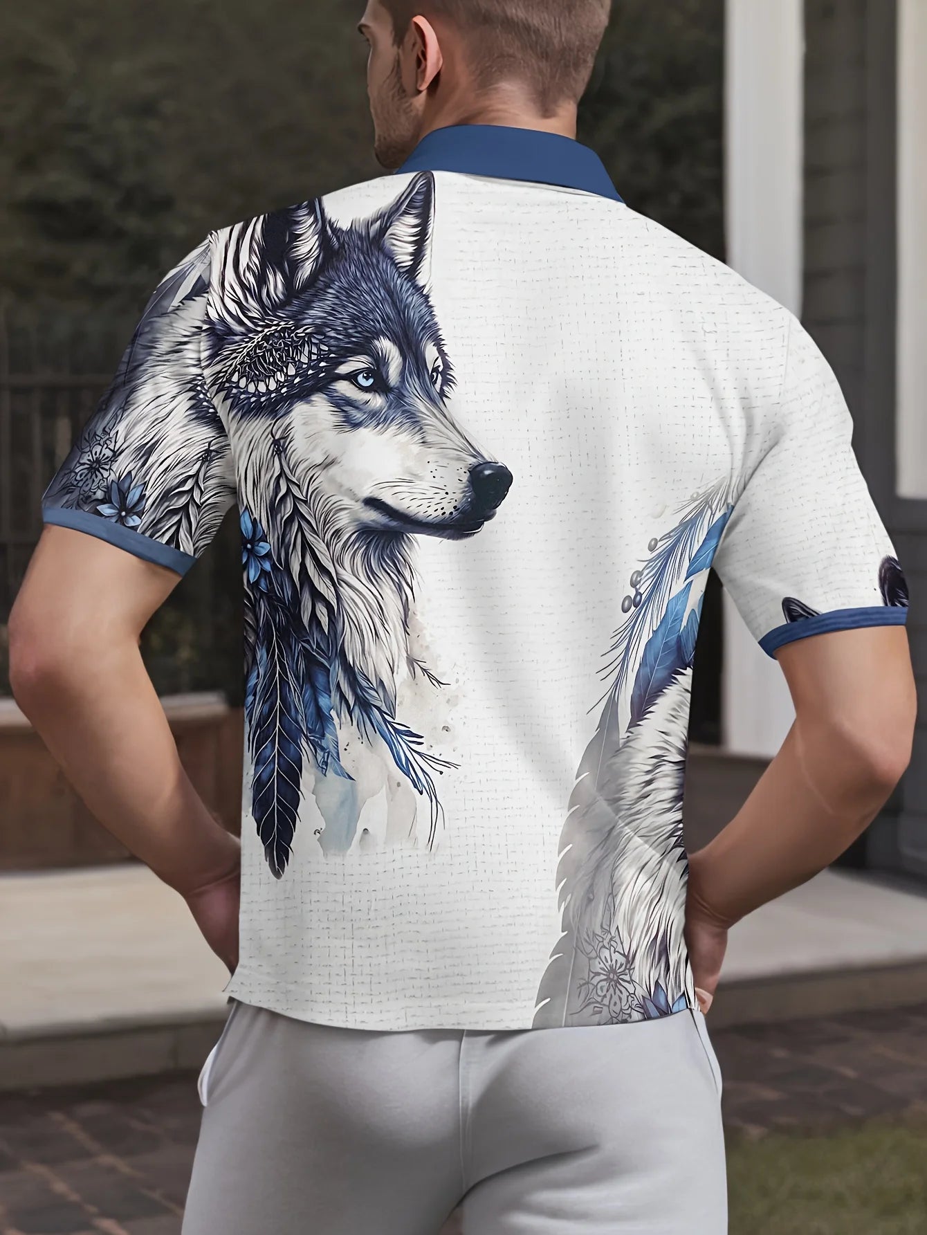 【 Popular Choice 】 Men's Wolf Printed Shirt -3D Digital Printing, Breathable Polyester Fiber, Casual Summer Wear, Metallic Detai