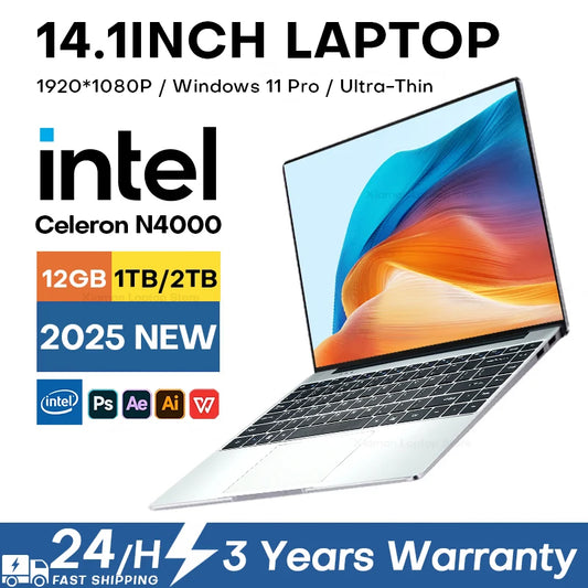 Ultra Slim Windows 11 Laptop Computer 14.1" 12GB DDR4 1TB 2TB SSD Intel N4000 Notebook Gamer 1920*1080 Office Study Computer PC