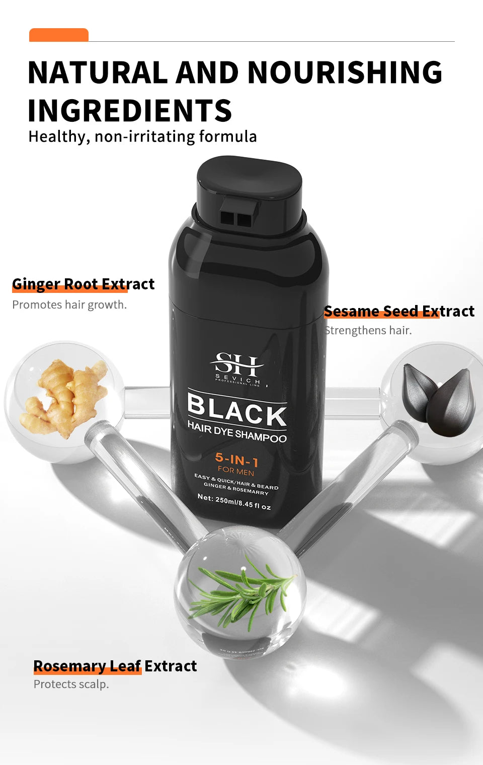 250ml Natural Black Hair Dye Shampoo for men Instant Gray To Black ginger hair dye Repair White Hair Care Black Beard Shampoo