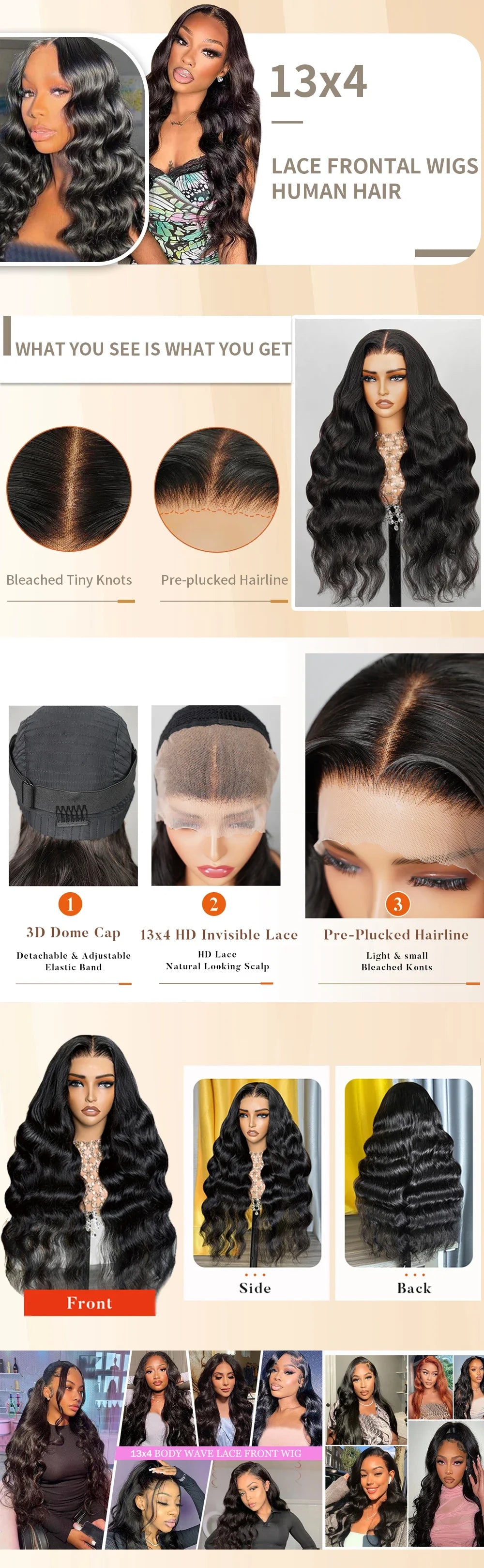 180% Density Body Wave Lace Front Human Hair Wig 13x6 HD Transparent Human Hair Wig Pre Pluck For Women Natural Black Color Wig