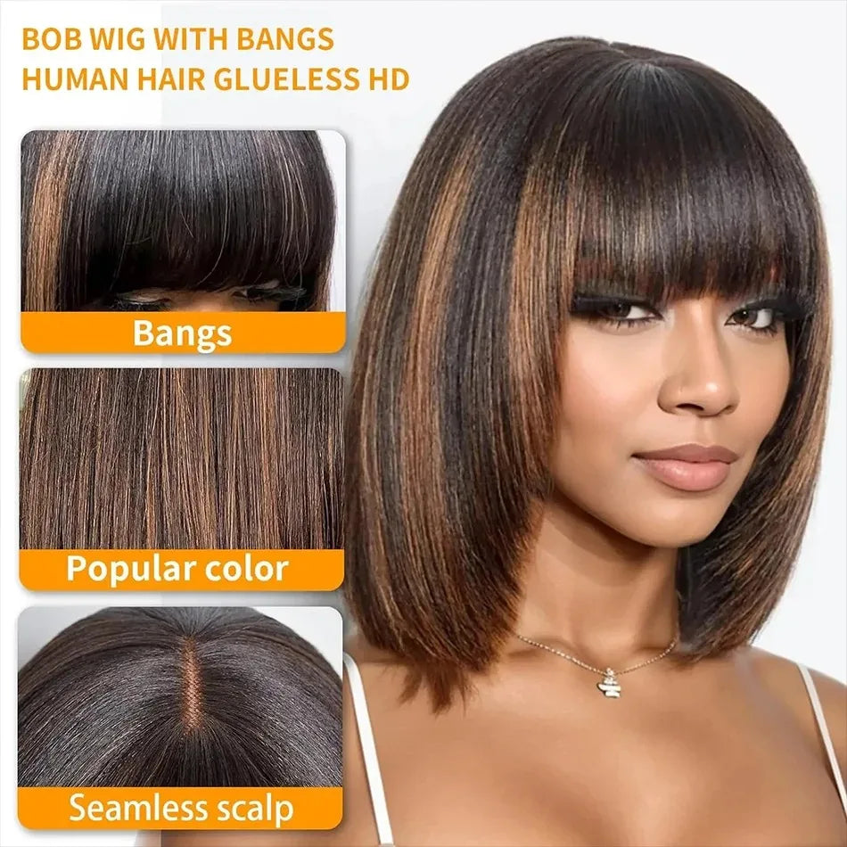 100% Human Hair Brown Highlight Put On and Go Realistic Yaki Straight Short Bob with Bangs Minimalist 3X1 Lace Wig For Women