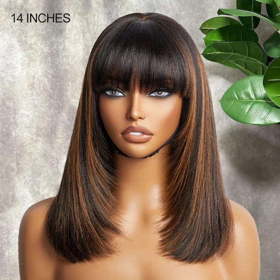 100% Human Hair Brown Highlight Put On and Go Realistic Yaki Straight Short Bob with Bangs Minimalist 3X1 Lace Wig For Women