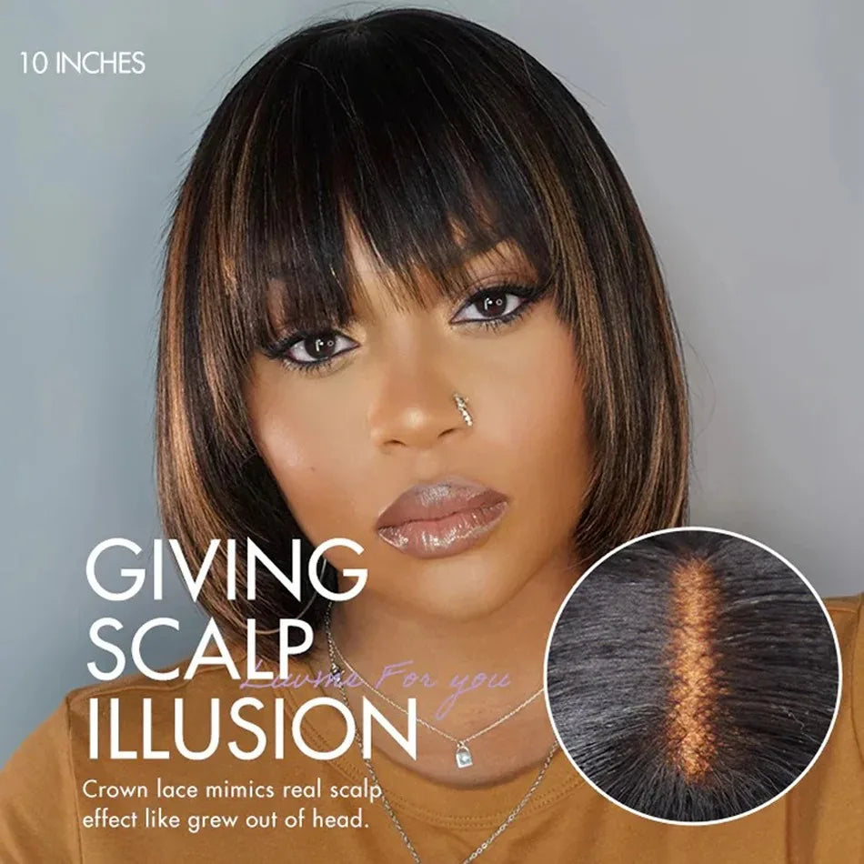 100% Human Hair Brown Highlight Put On and Go Realistic Yaki Straight Short Bob with Bangs Minimalist 3X1 Lace Wig For Women