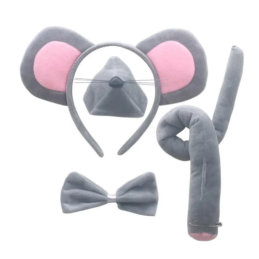 Mouse Accessory Set Animal Ears Headband Tail Nose and Bow Tie Rat Accessories Set Birthday Halloween Costume Cosplay
