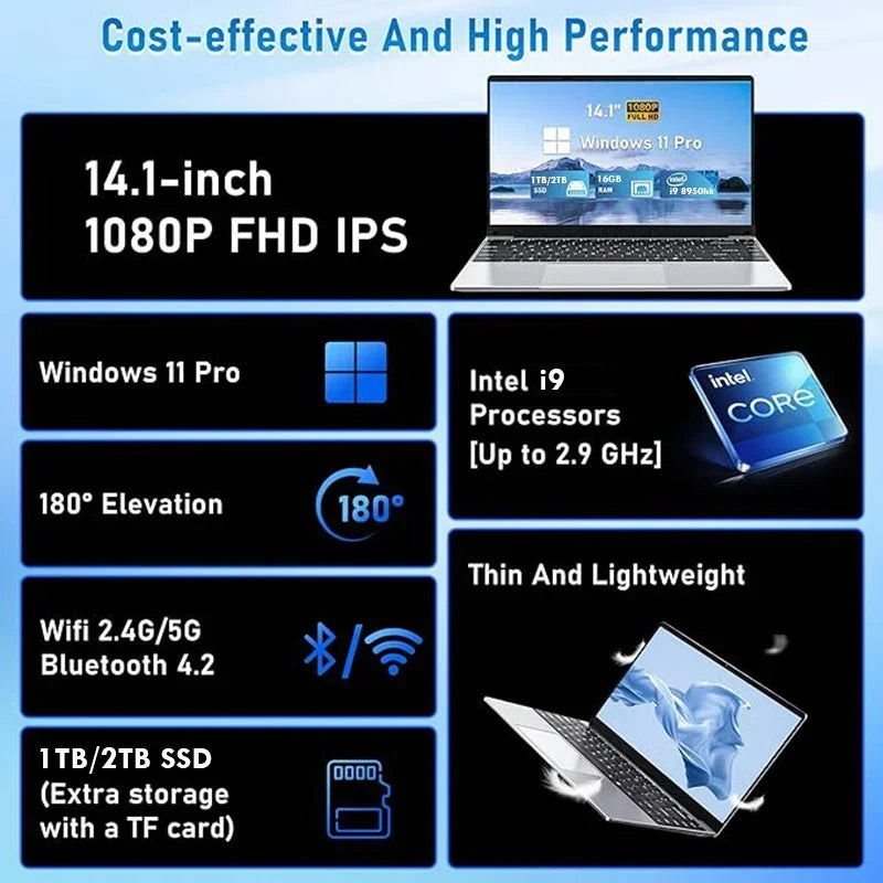 2025 Laptop Computer Windows 11 Pro Intel Core i9 8950HK Gaming Laptop 16GB RAM 1TB 2TB SSD 14.1 inch Portable Business Notebook