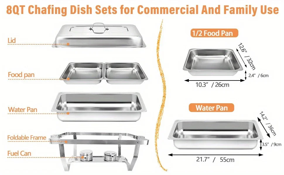 4 Pack Chafing Dish Buffet Set, Stainless Steel Food Warmer Kit with Lids Water Pan Fuel Holders Restaurant Catering Weddings