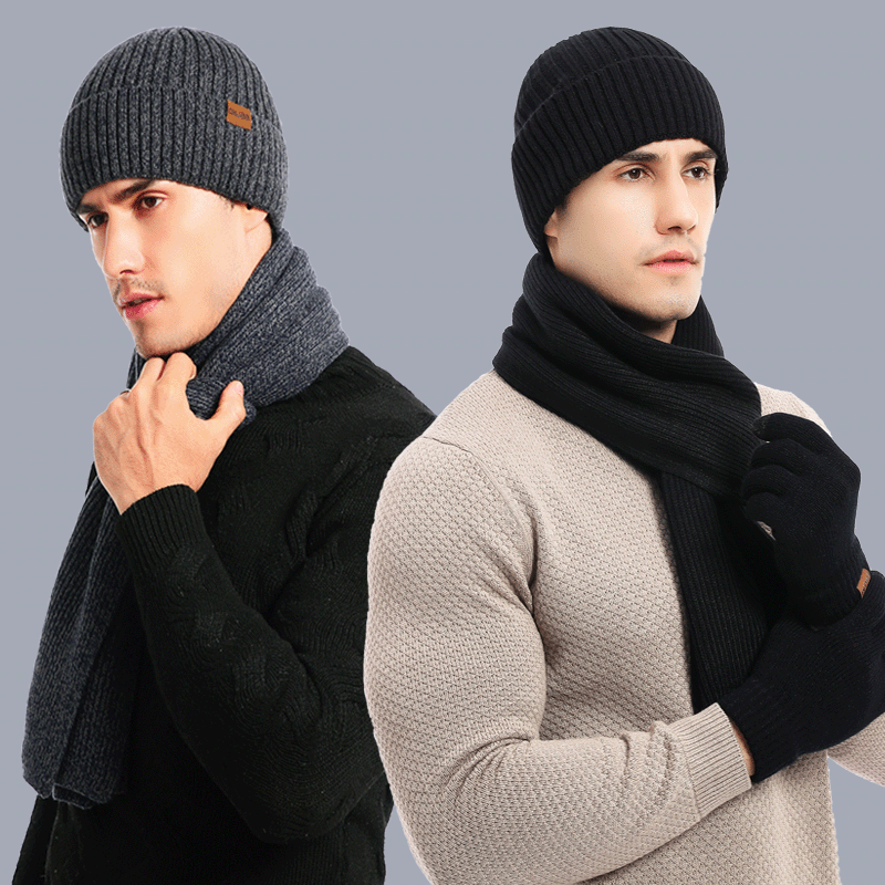 3 piece set of winter warm men's knitted wool beanie hat scarf gloves set 2020 men's daily leisure ski camping fishing warm set