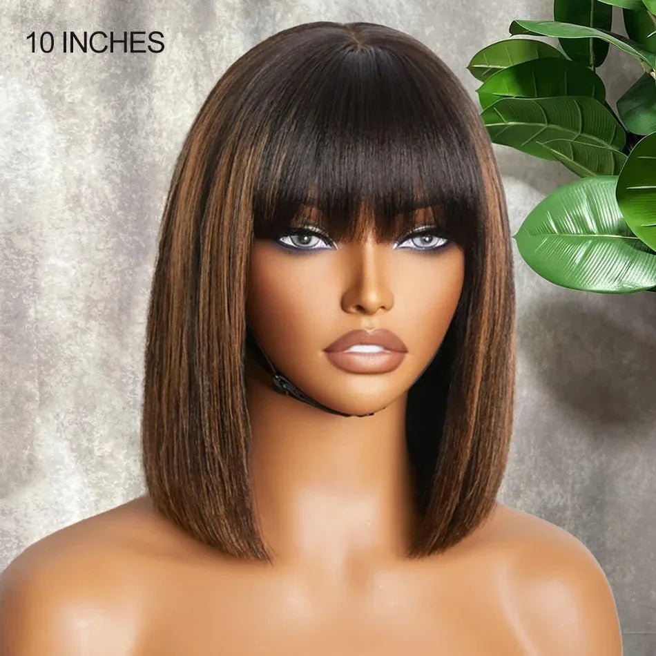 100% Human Hair Brown Highlight Put On and Go Realistic Yaki Straight Short Bob with Bangs Minimalist 3X1 Lace Wig For Women