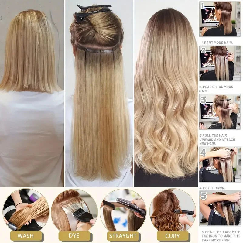 50G/set 20Pcs Tape in Hair Extensions Human Hair Straight 613# Invisible PU Skin Weft Hair Extensions for Women 18inch 22inch