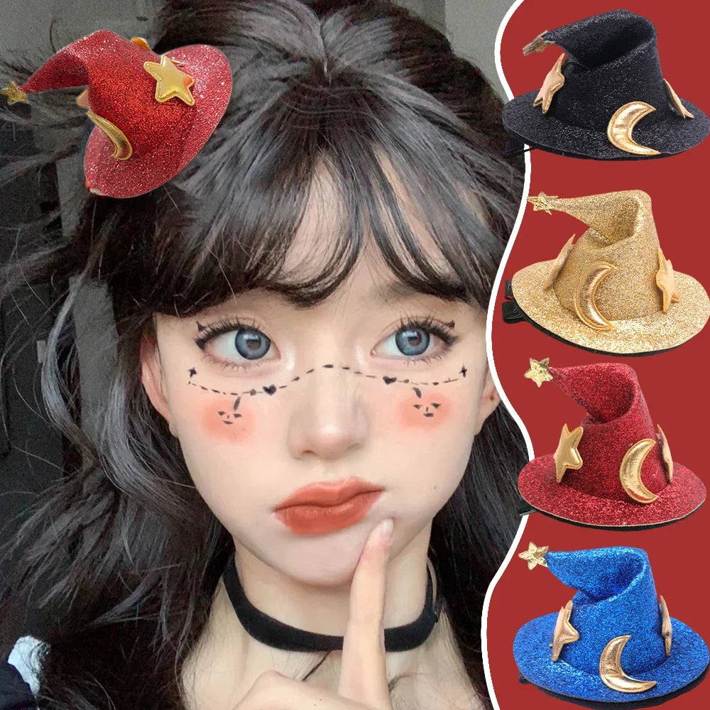 1/4pcs Halloween Witch Hat Hair Clip Mini Star Moon Witch Cap Hairpin Headdress Women Costume Ornaments Headwear Party Gifts