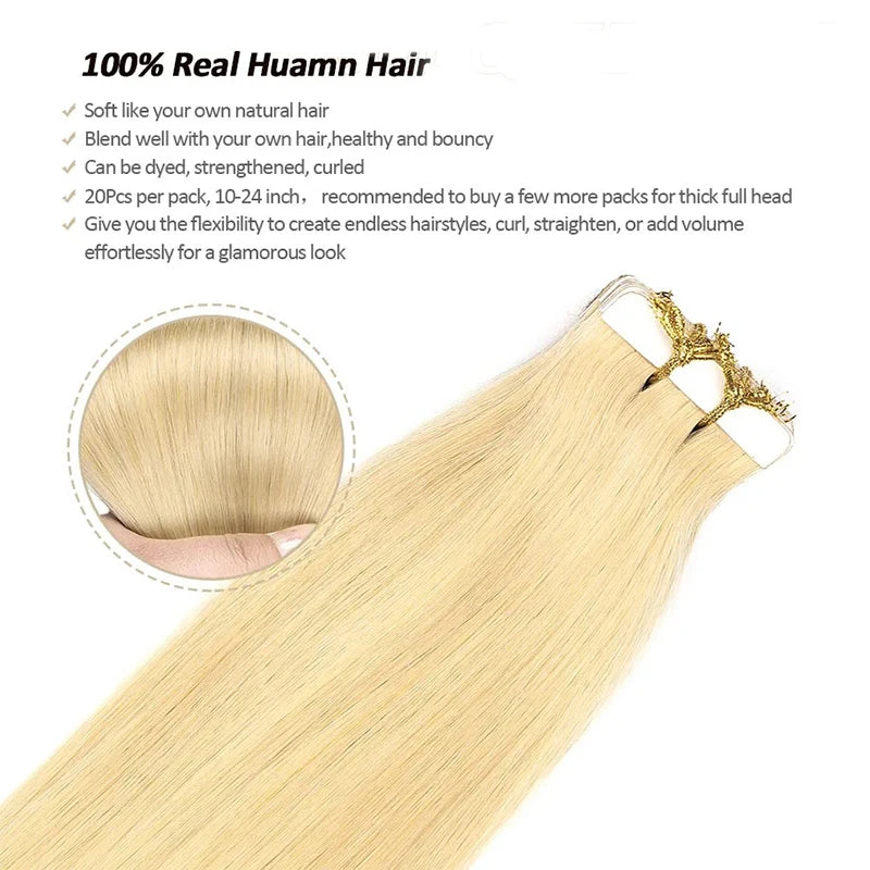 50G/set 20Pcs Tape in Hair Extensions Human Hair Straight 613# Invisible PU Skin Weft Hair Extensions for Women 18inch 22inch
