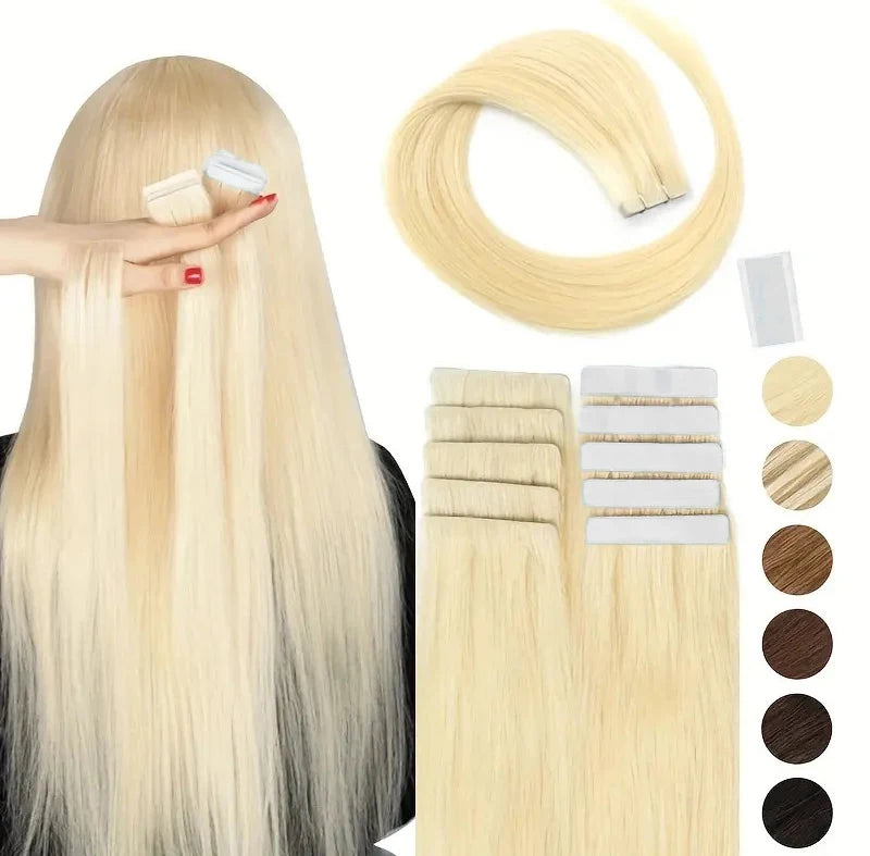 50G/set 20Pcs Tape in Hair Extensions Human Hair Straight 613# Invisible PU Skin Weft Hair Extensions for Women 18inch 22inch