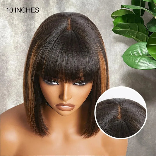 100% Human Hair Brown Highlight Put On and Go Realistic Yaki Straight Short Bob with Bangs Minimalist 3X1 Lace Wig For Women