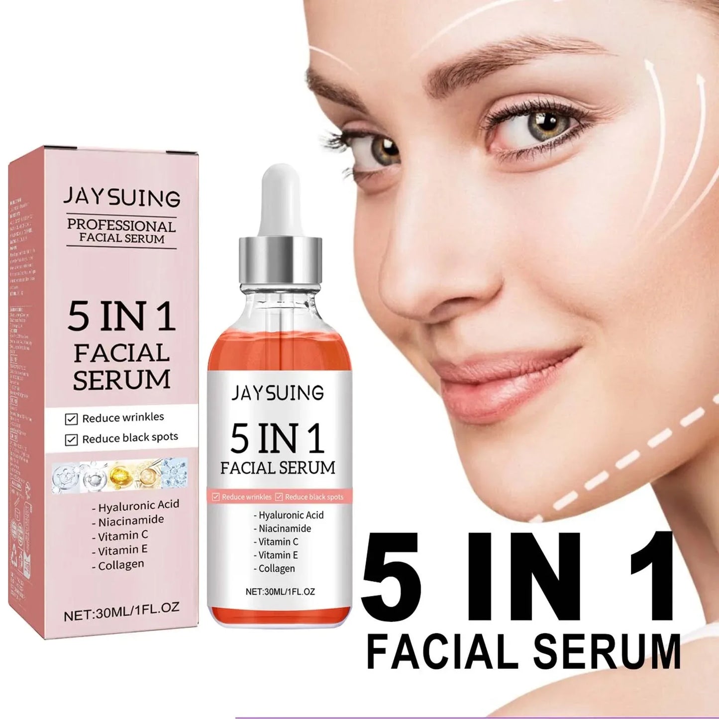 Jaysuing 5 In 1 Hyaluronic Acid Face Serum 30ml Moisturizing Vitamin C Collagen Lightning Facial Serum Shrink Pores Skin Care
