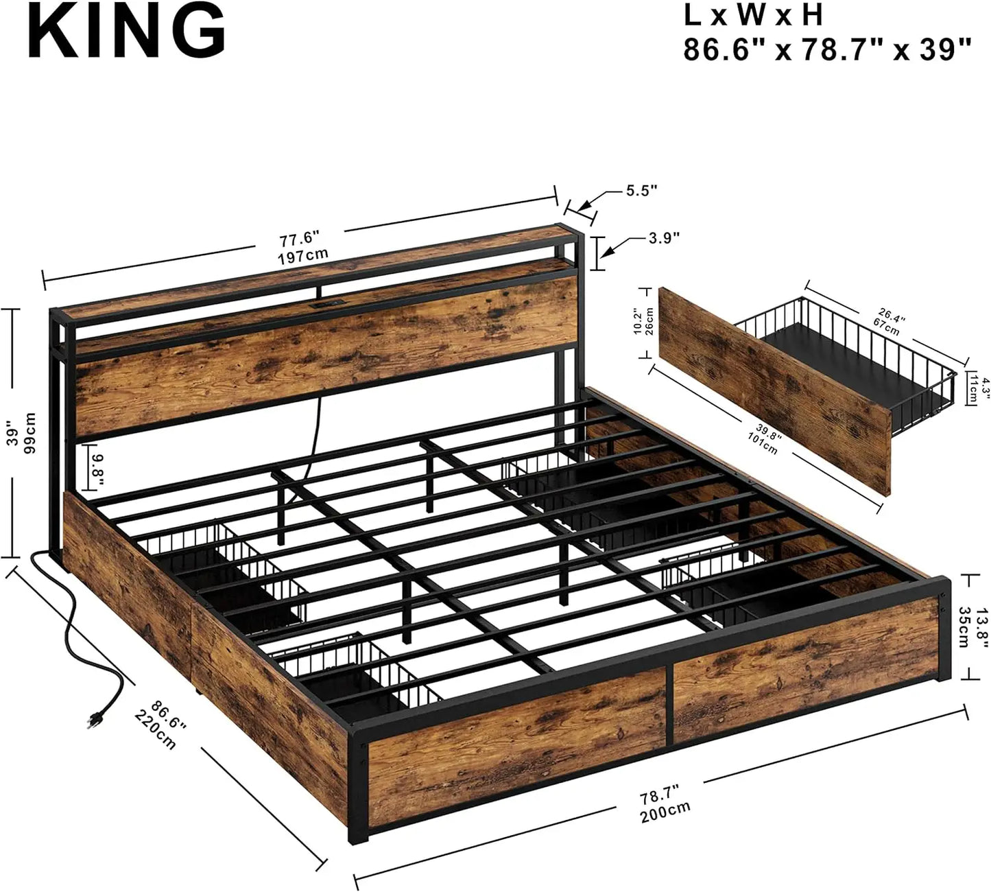 Likimio King Bed Frame With Storage Drawer, 2-Tier Storage Headboard With Charging Station, No Box Spring Needed, Easy