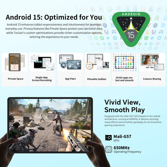 Teclast P50 2025 Tablet Android 15 11" IPS 90Hz 20GB(8GB+12GB) RAM 128GB ROM T606 8-Core 7000mAh 4G LTE GPS Widevine L1 Type-C
