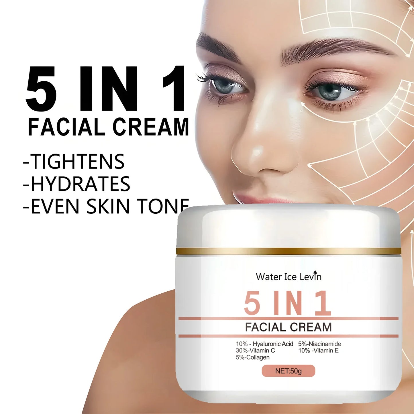 5-in-1 Facial Cream - Moisturizing and Moisturizing and Moisturizing Cream Contains Hyaluronic Acid, Retinol, Collagen, Vitamin C and E, Suitable for All Skin Types, Unscented, Firming and Moisturizing