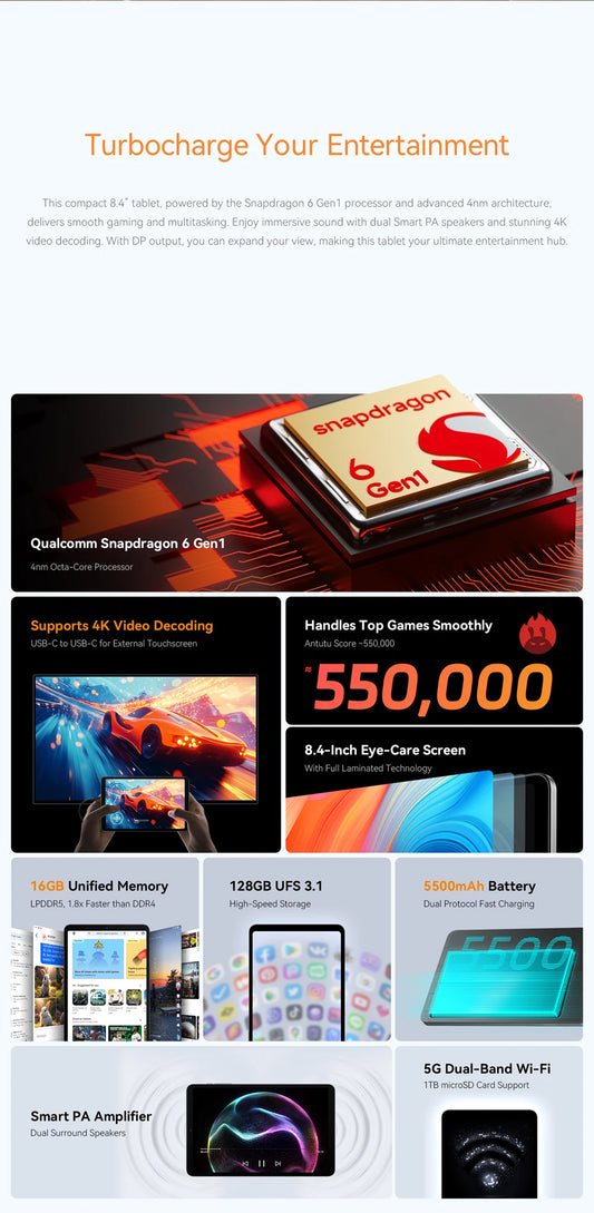 Alldocube iPlay60 Mini Turbo 8.4inch Snapdragon 6Gen 1 Tablet Android14 8GB+8GB virtual memory RAM+128GB ROM Widevine L1
