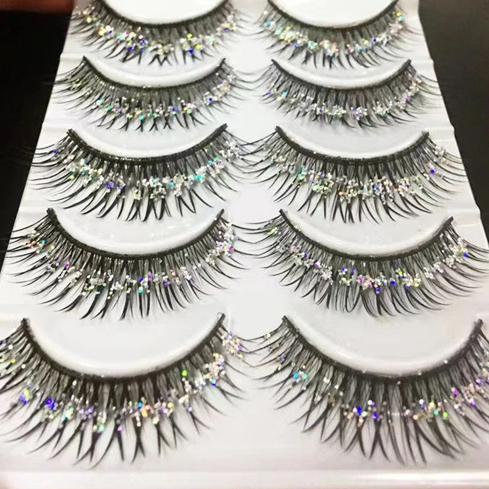 5 Pairs Makeup Stage False Eyelashes With Glitter Black Band Handmade Thick Fake Eye Lashes Beauty Performace Manga Latin Lashes