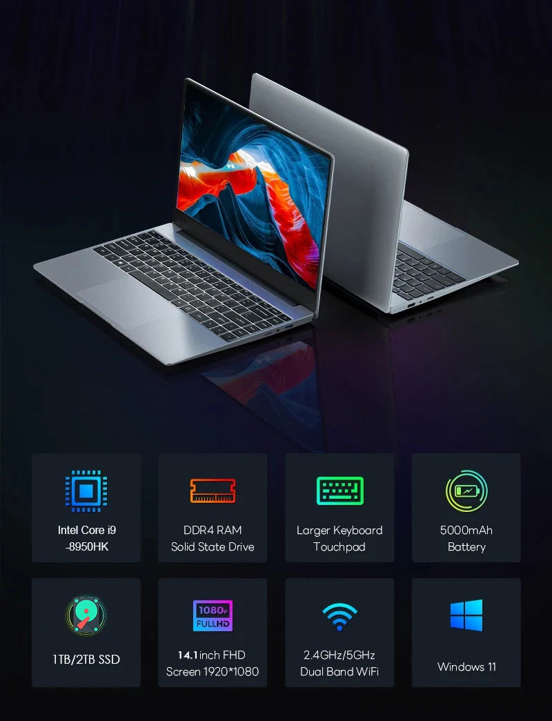2025 Laptop Computer Windows 11 Pro Intel Core i9 8950HK Gaming Laptop 16GB RAM 1TB 2TB SSD 14.1 inch Portable Business Notebook