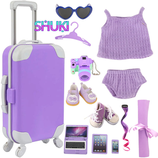 Purple Color Doll Accessories Luggage, Sweater Pajamas, Yoga mat, Shoes, Camera, Hangers For 43cm Baby New Born&American Dolls