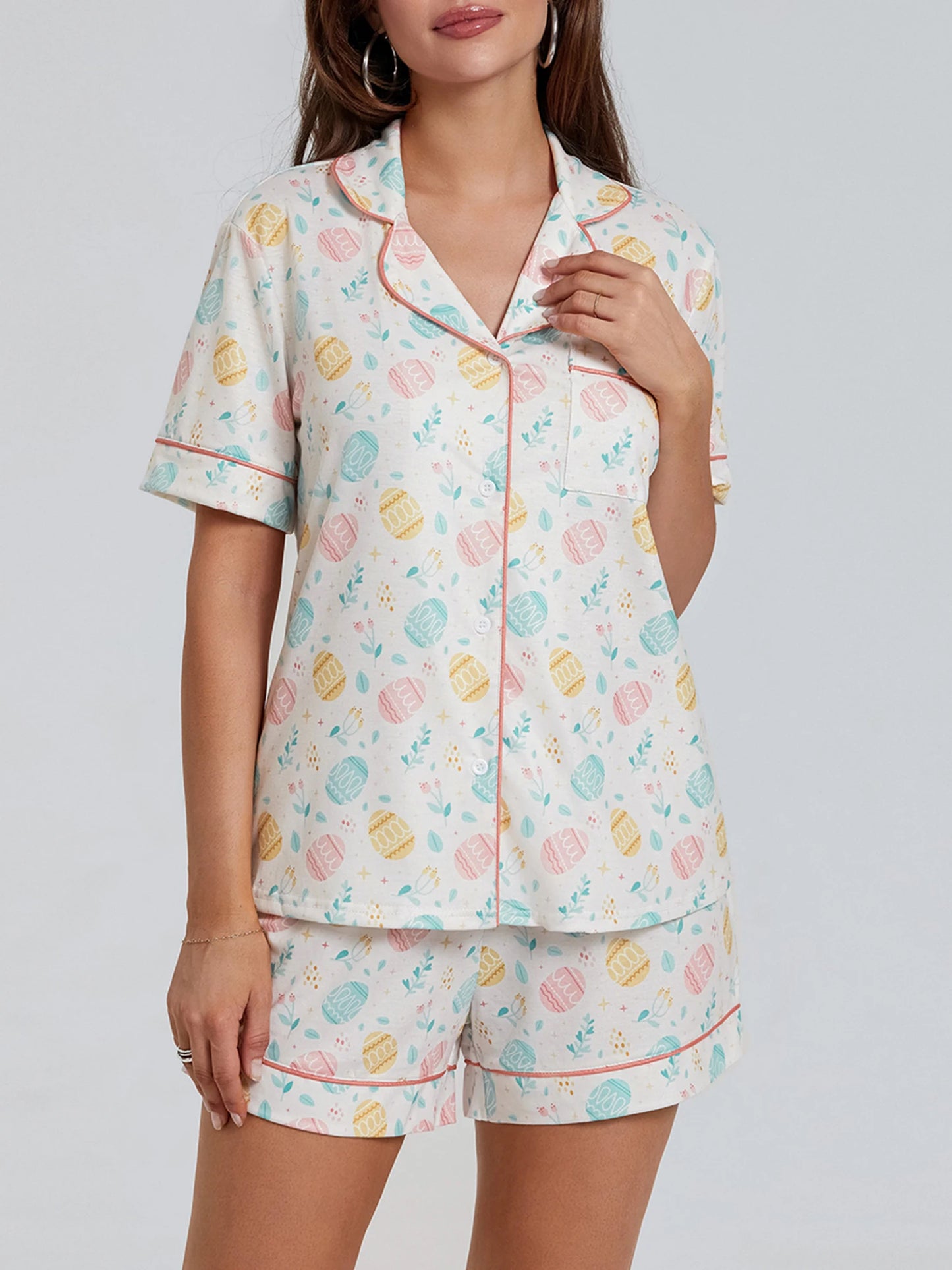 Women s Easter Loungewear Set Cartoon Egg Print Short Sleeve Lapel Button T-Shirt with Elastic Waist Shorts