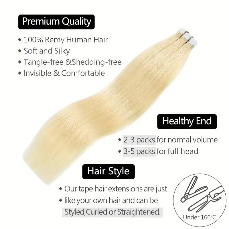 50G/set 20Pcs Tape in Hair Extensions Human Hair Straight 613# Invisible PU Skin Weft Hair Extensions for Women 18inch 22inch