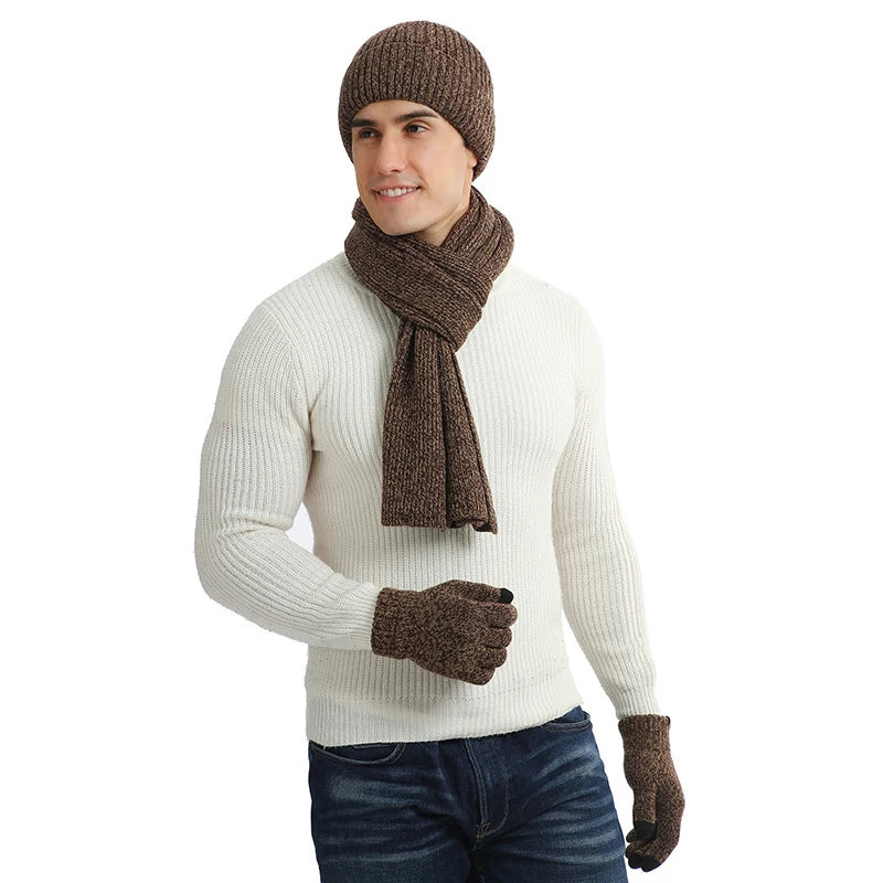 3 piece set of winter warm men's knitted wool beanie hat scarf gloves set 2020 men's daily leisure ski camping fishing warm set