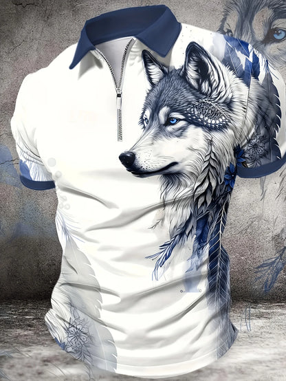 【 Popular Choice 】 Men's Wolf Printed Shirt -3D Digital Printing, Breathable Polyester Fiber, Casual Summer Wear, Metallic Detai