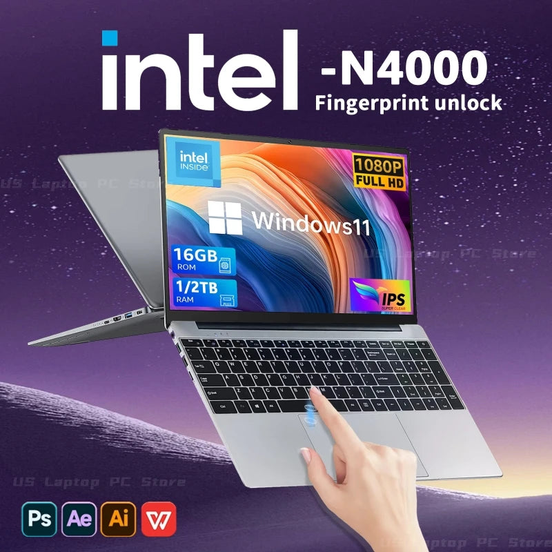 15.6" HD Windows 11 Pro IPS Laptop Computer Intel Celeron N4000 Notebook PC Fingerprint Unlock 16GB DDR4 1TB SSD Gaming Laptop