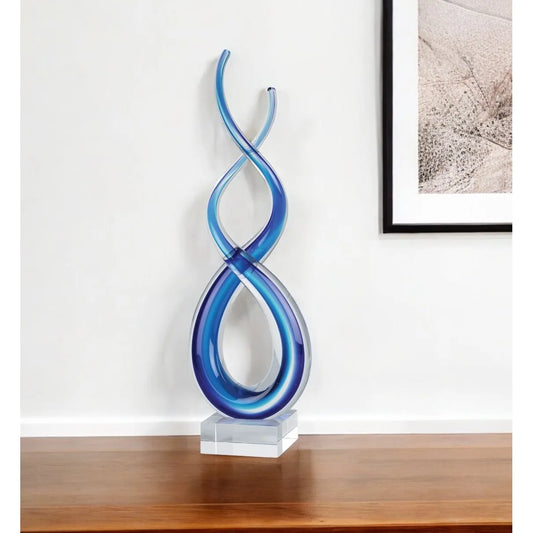 14\" HMS Modern Abstract Tabletop Sculpture Clear and Blue Murano Glass Contemporary Artwork