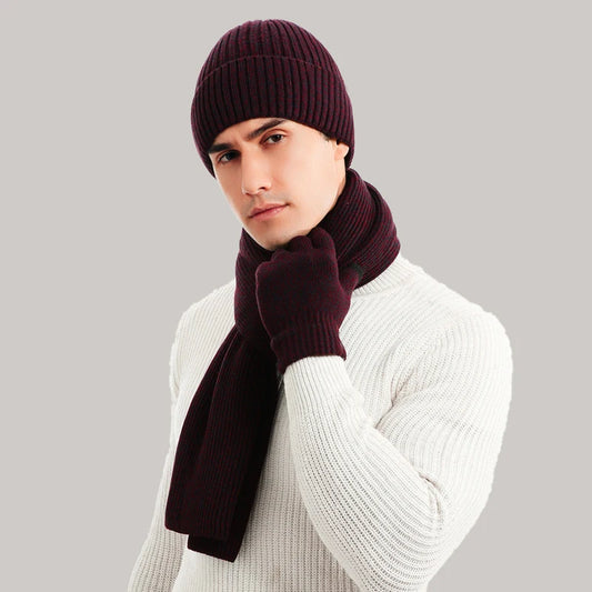 3 piece set of  winter warm men's knitted wool beanie hat scarf gloves set 2020 men's daily leisure ski camping fishing warm set