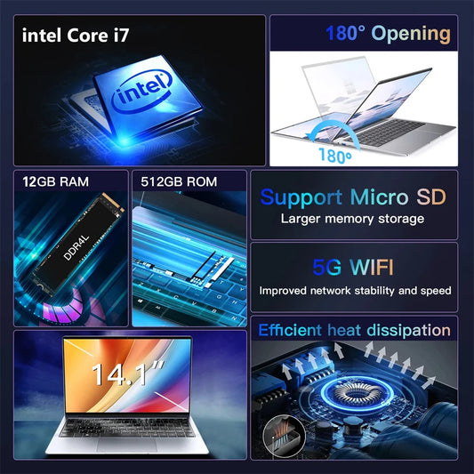 14.1 inch Laptop Computer Portable Windows 11 Intel Core i7-7500U Notebook 12GB RAM 1TB 2TB SSD Office Study Laptops