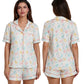 Women s Easter Loungewear Set Cartoon Egg Print Short Sleeve Lapel Button T-Shirt with Elastic Waist Shorts