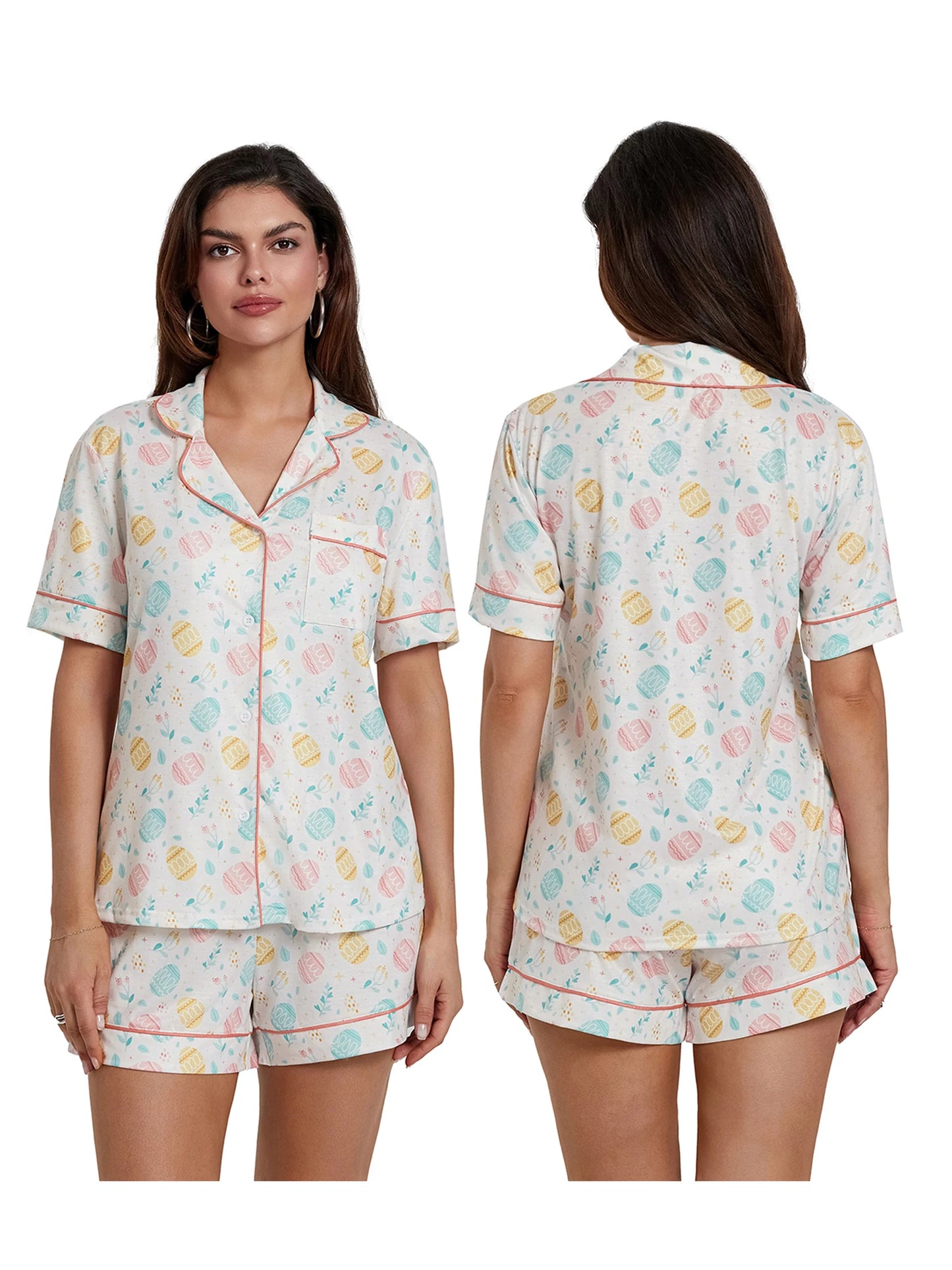 Women s Easter Loungewear Set Cartoon Egg Print Short Sleeve Lapel Button T-Shirt with Elastic Waist Shorts