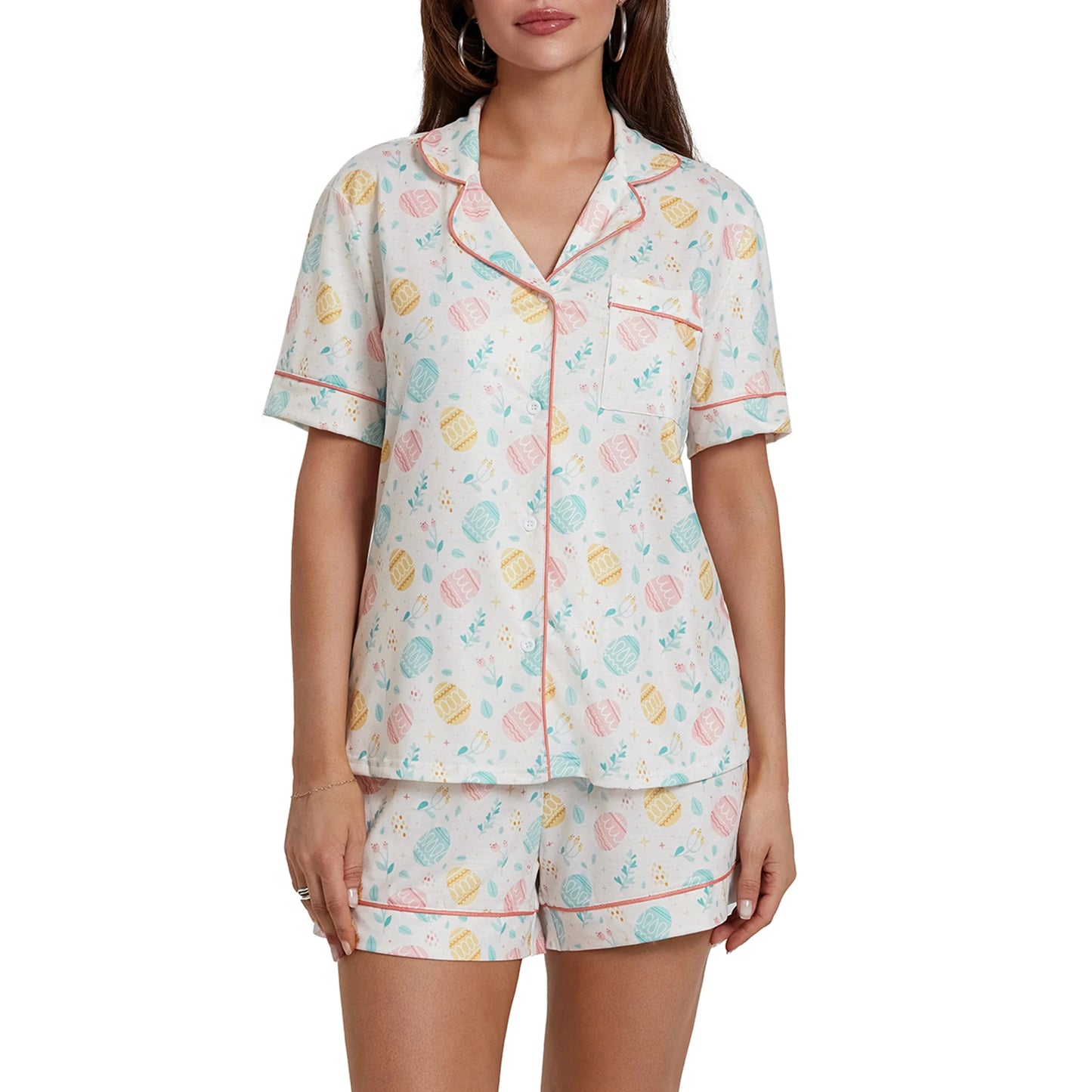 Women s Easter Loungewear Set Cartoon Egg Print Short Sleeve Lapel Button T-Shirt with Elastic Waist Shorts