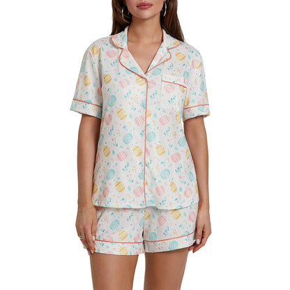 Women s Easter Loungewear Set Cartoon Egg Print Short Sleeve Lapel Button T-Shirt with Elastic Waist Shorts