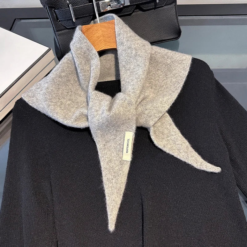 100% Wool Korean Style Knitted Triangular Scarf Women Winter Warm Headscarf Shawl Multi-functional Neckerchief