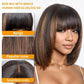 100% Human Hair Brown Highlight Put On and Go Realistic Yaki Straight Short Bob with Bangs Minimalist 3X1 Lace Wig For Women