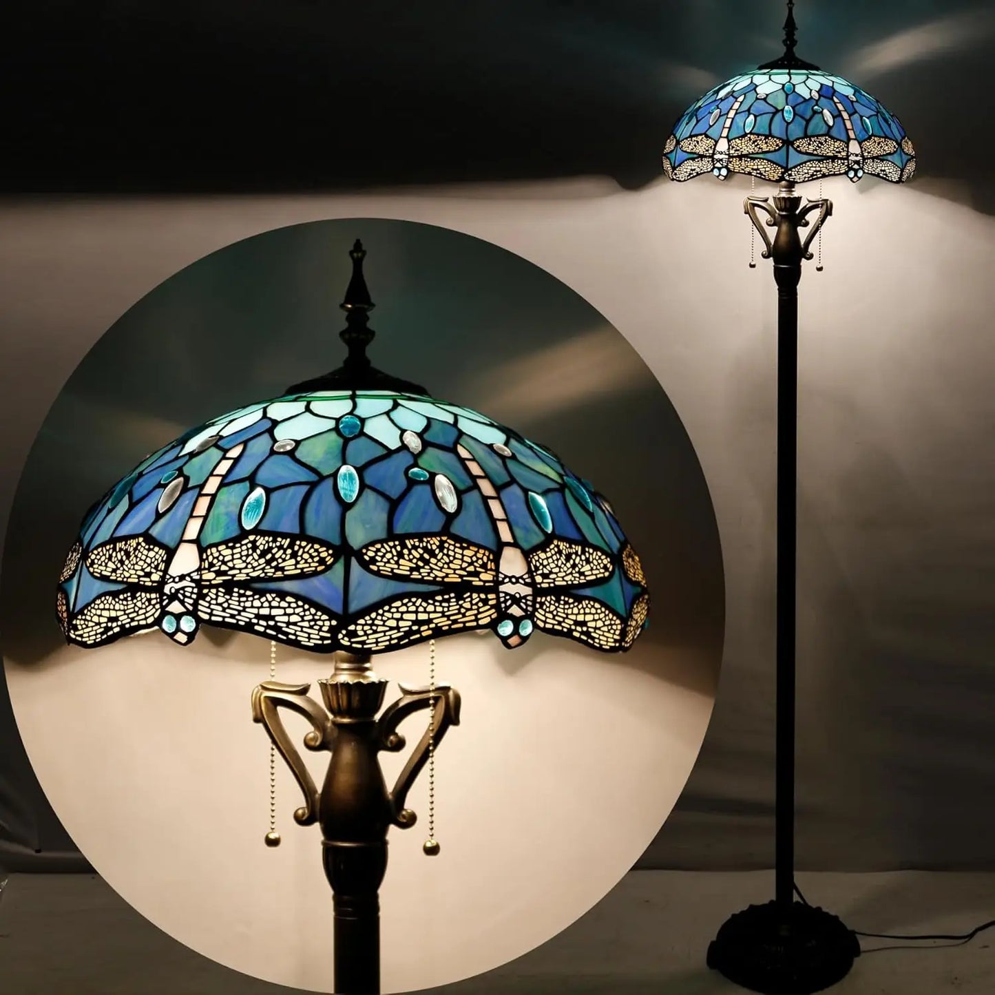 Tiffany Floor Lamp Blue Dragonfly Stained Glass Standing Reading Light 16X16X64 Inches Antique Pole Corner Lamp Decor Bedroom