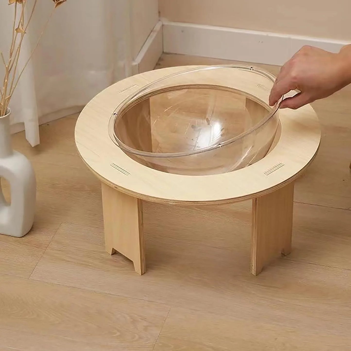 Space Capsule Cat Bed, Transparent Acrylic Pet Pod with 44lb Capacity & Anti-Slip Wooden Legs, Elevated Design for Pet Use