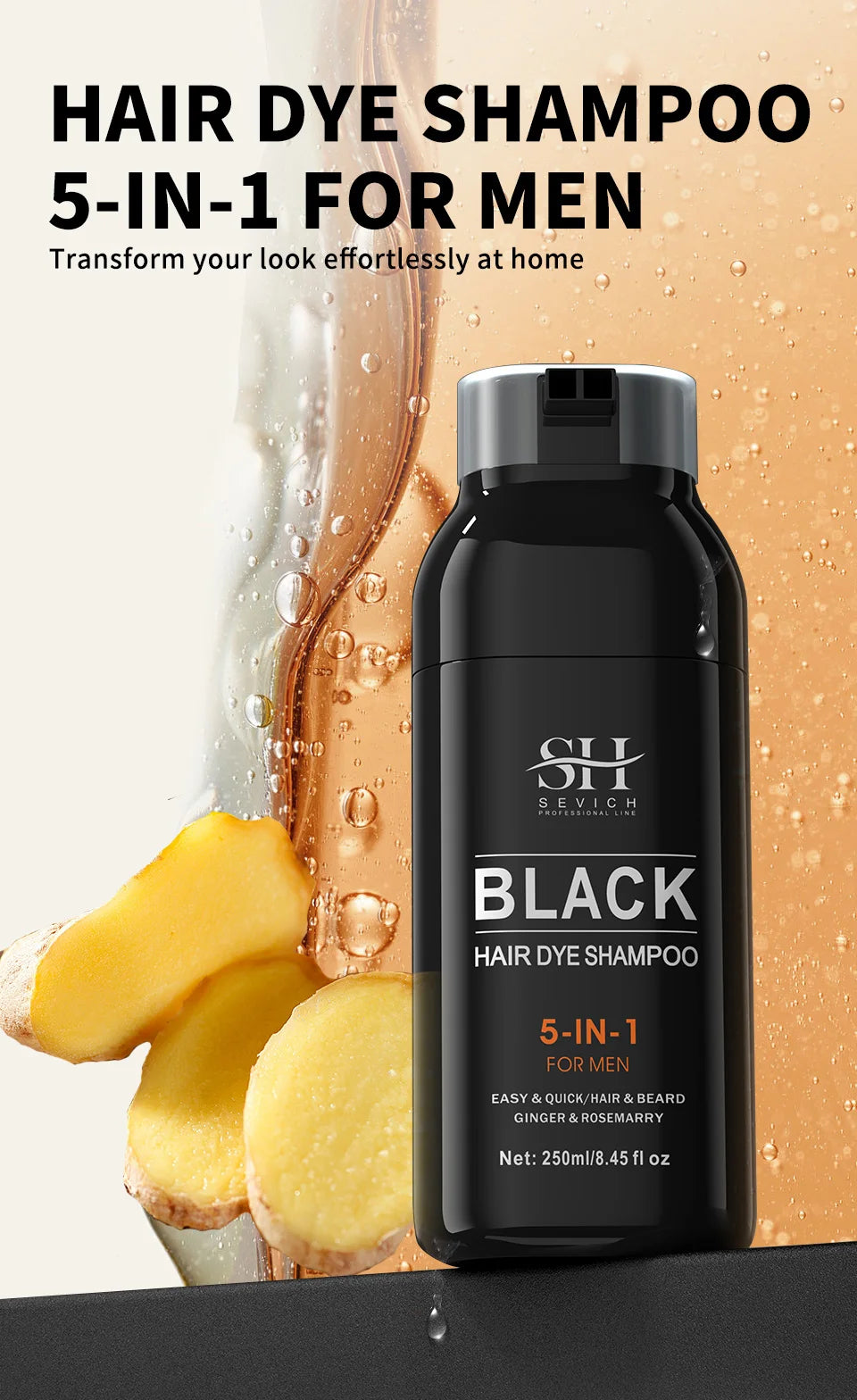 250ml Natural Black Hair Dye Shampoo for men Instant Gray To Black ginger hair dye Repair White Hair Care Black Beard Shampoo