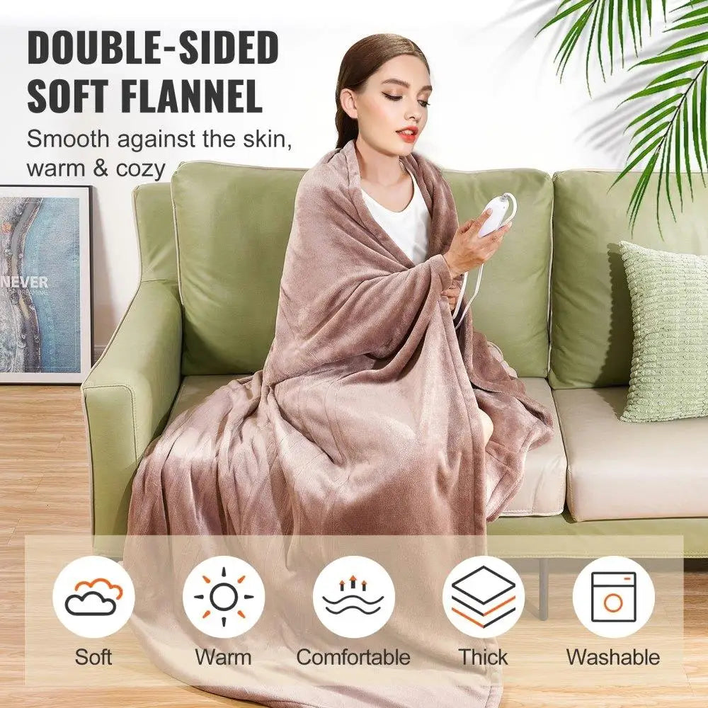 Electric Heated Blanket Queen Size Soft Flannel 10 Hour Timer Auto-Off 5 Heating Levels Dual Control Machine Washable ETL FCC