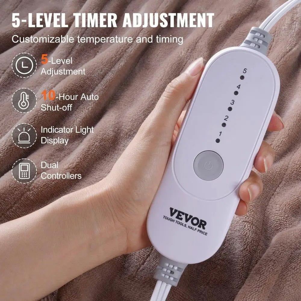 Electric Heated Blanket Queen Size Soft Flannel 10 Hour Timer Auto-Off 5 Heating Levels Dual Control Machine Washable ETL FCC