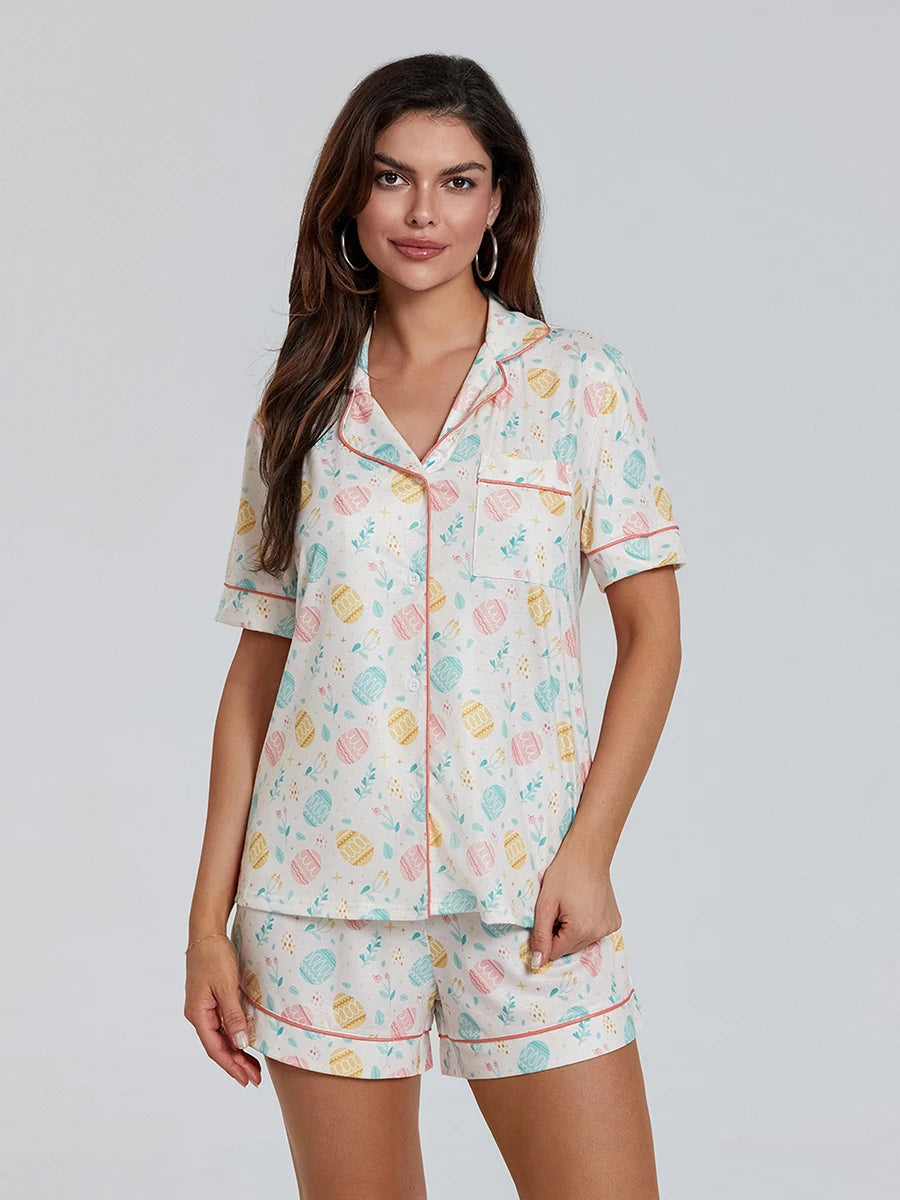 Women s Easter Loungewear Set Cartoon Egg Print Short Sleeve Lapel Button T-Shirt with Elastic Waist Shorts