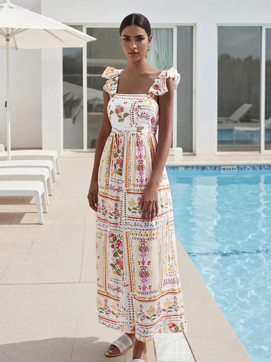 Elegant Vintage Style Sleeveless Floral Print Square Neck Midi Dress with Adjustable Straps for Women s Summer Fashion